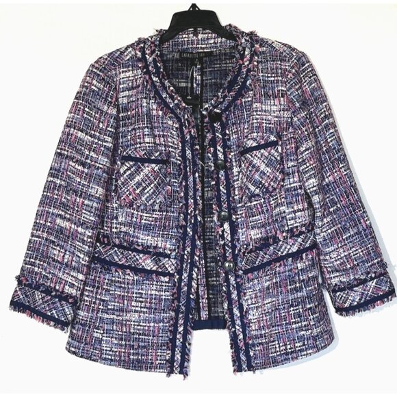 New LAFAYETTE 148 Purple Pink Tweed Fringe Career Luxury Blazer Jacket - Picture 1 of 9